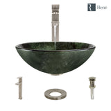 Rene 17" Round Glass Bathroom Sink, Forest Green, with Faucet, R5-5027-R9-7003-BN