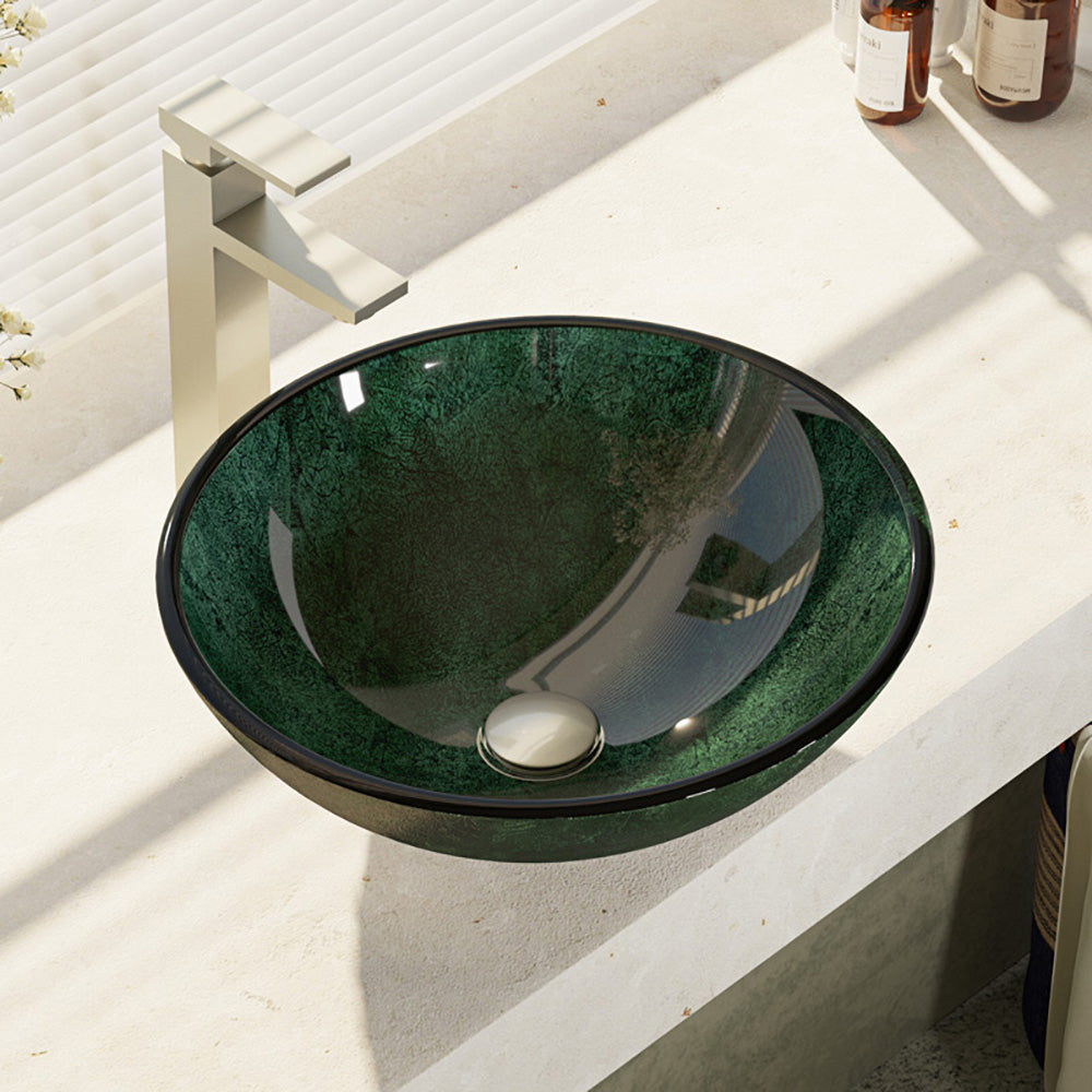 Rene 17" Round Glass Bathroom Sink, Forest Green, with Faucet, R5-5027-R9-7003-BN - The Sink Boutique