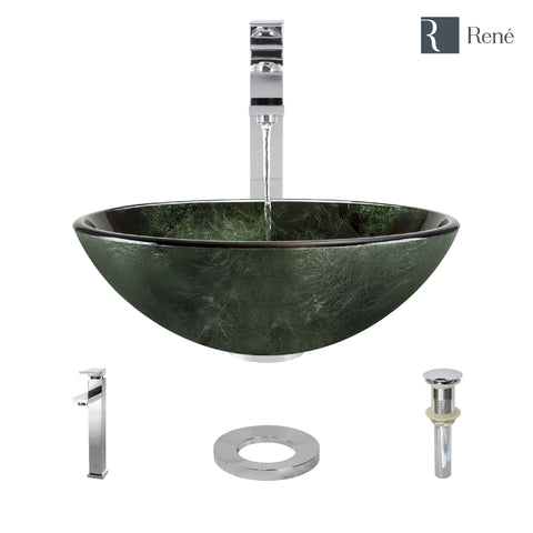 Rene 17" Round Glass Bathroom Sink, Forest Green, with Faucet, R5-5027-R9-7003-C