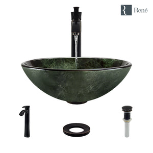 Alternate Image for Rene 17" Round Glass Bathroom Sink, Forest Green, with Faucet, R5-5027-R9-7006-ABR