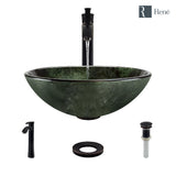 Rene 17" Round Glass Bathroom Sink, Forest Green, with Faucet, R5-5027-R9-7006-ABR
