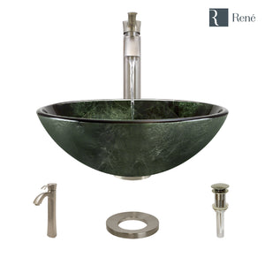 Alternate Image for Rene 17" Round Glass Bathroom Sink, Forest Green, with Faucet, R5-5027-R9-7006-BN