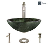 Rene 17" Round Glass Bathroom Sink, Forest Green, with Faucet, R5-5027-R9-7006-BN