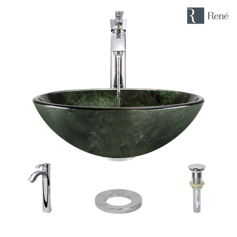 Rene 17" Round Glass Bathroom Sink, Forest Green, with Faucet, R5-5027-R9-7006-C