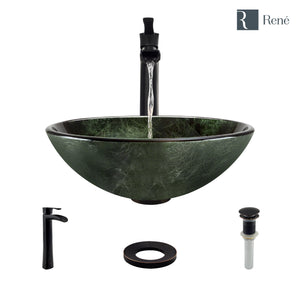 Alternate Image for Rene 17" Round Glass Bathroom Sink, Forest Green, with Faucet, R5-5027-R9-7007-ABR