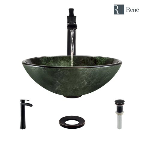 Rene 17" Round Glass Bathroom Sink, Forest Green, with Faucet, R5-5027-R9-7007-ABR
