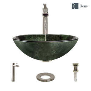 Alternate Image for Rene 17" Round Glass Bathroom Sink, Forest Green, with Faucet, R5-5027-R9-7007-BN