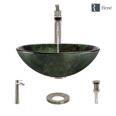 Rene 17" Round Glass Bathroom Sink, Forest Green, with Faucet, R5-5027-R9-7007-BN