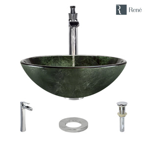 Alternate Image for Rene 17" Round Glass Bathroom Sink, Forest Green, with Faucet, R5-5027-R9-7007-C