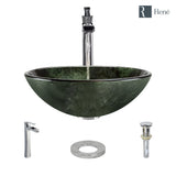 Rene 17" Round Glass Bathroom Sink, Forest Green, with Faucet, R5-5027-R9-7007-C