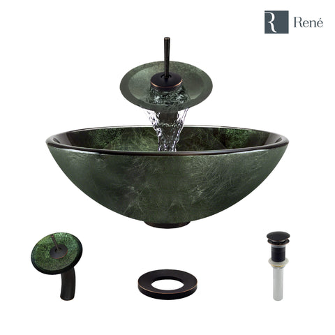 Rene 17" Round Glass Bathroom Sink, Forest Green, with Faucet, R5-5027-WF-ABR