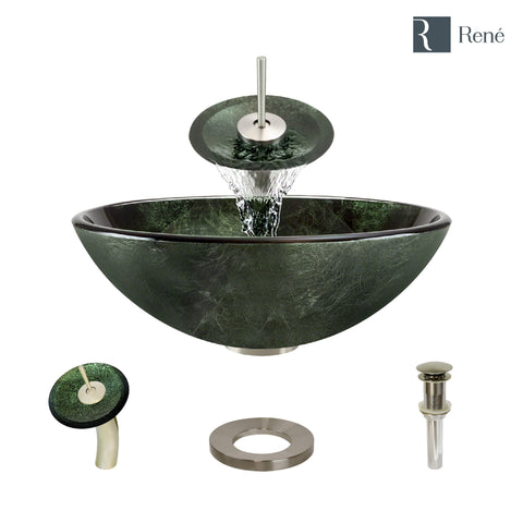 Rene 17" Round Glass Bathroom Sink, Forest Green, with Faucet, R5-5027-WF-BN