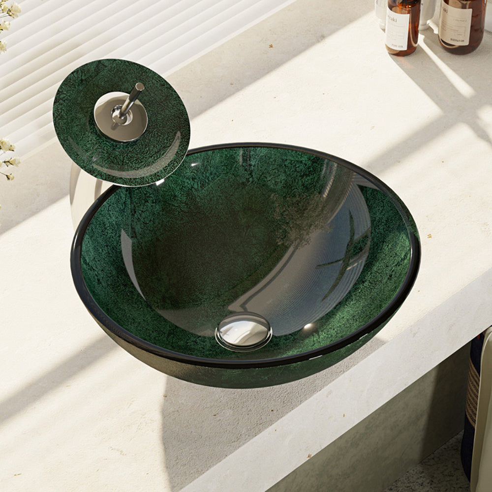 Rene 17" Round Glass Bathroom Sink, Forest Green, with Faucet, R5-5027-WF-C - The Sink Boutique