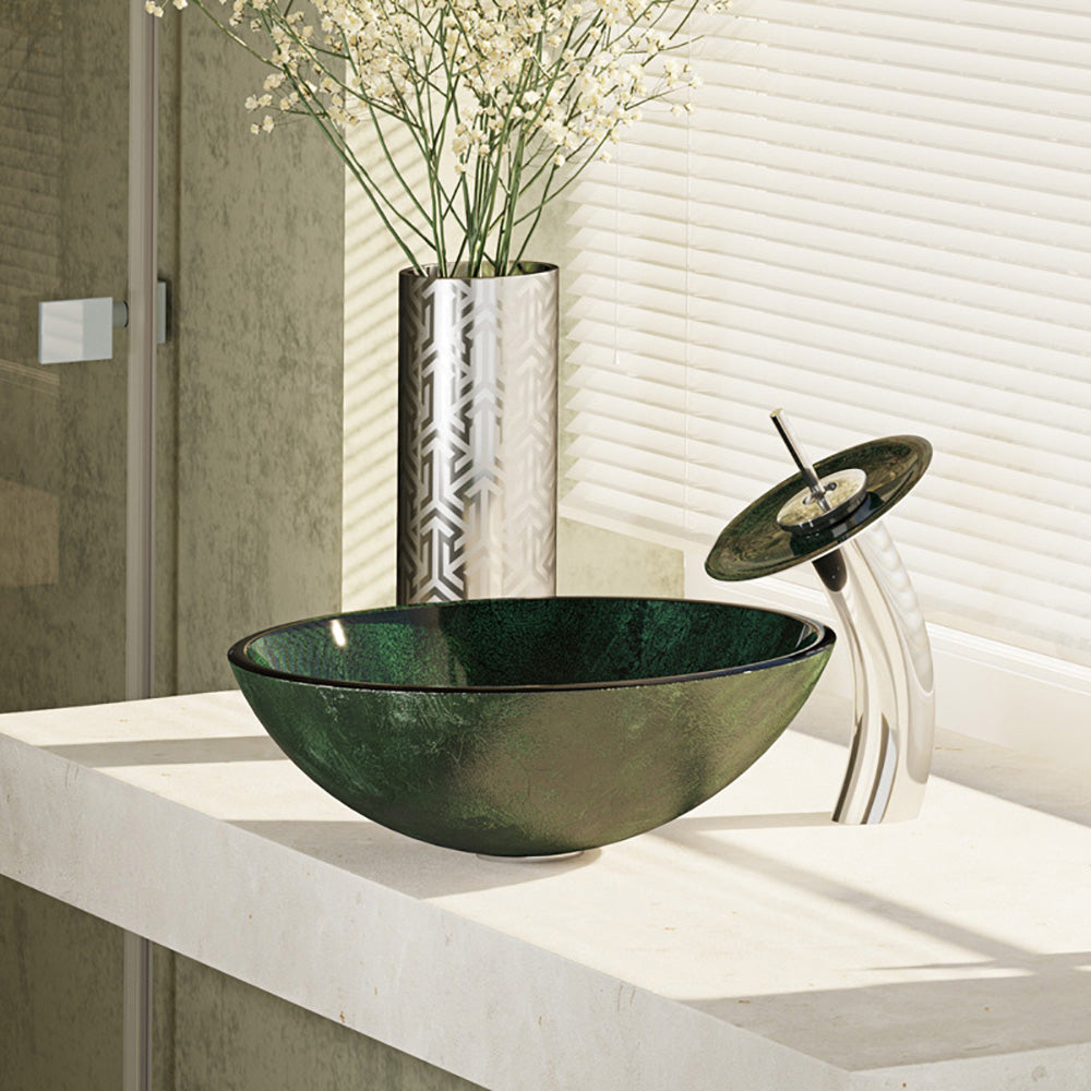 Rene 17" Round Glass Bathroom Sink, Forest Green, with Faucet, R5-5027-WF-C - The Sink Boutique