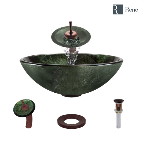 Rene 17" Round Glass Bathroom Sink, Forest Green, with Faucet, R5-5027-WF-ORB