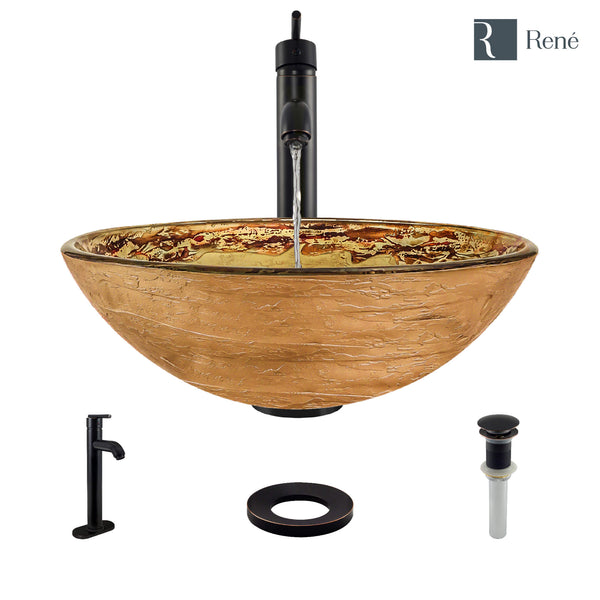 Rene 17" Round Glass Bathroom Sink, Golden and auburn, with Faucet, R5-5029-R9-7001-ABR