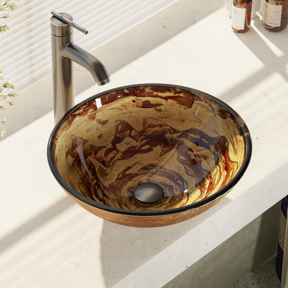 Rene 17" Round Glass Bathroom Sink, Golden and auburn, with Faucet, R5-5029-R9-7001-ABR - The Sink Boutique
