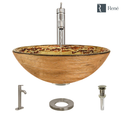 Rene 17" Round Glass Bathroom Sink, Golden and auburn, with Faucet, R5-5029-R9-7001-BN