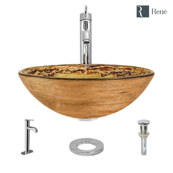 Rene 17" Round Glass Bathroom Sink, Golden and auburn, with Faucet, R5-5029-R9-7001-C
