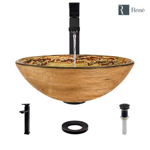 Rene 17" Round Glass Bathroom Sink, Golden and auburn, with Faucet, R5-5029-R9-7003-ABR