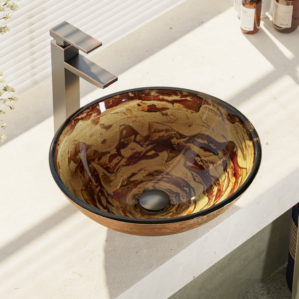 Rene 17" Round Glass Bathroom Sink, Golden and auburn, with Faucet, R5-5029-R9-7003-ABR - The Sink Boutique