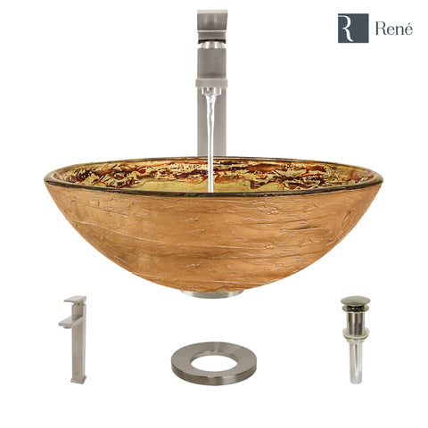 Rene 17" Round Glass Bathroom Sink, Golden and auburn, with Faucet, R5-5029-R9-7003-BN