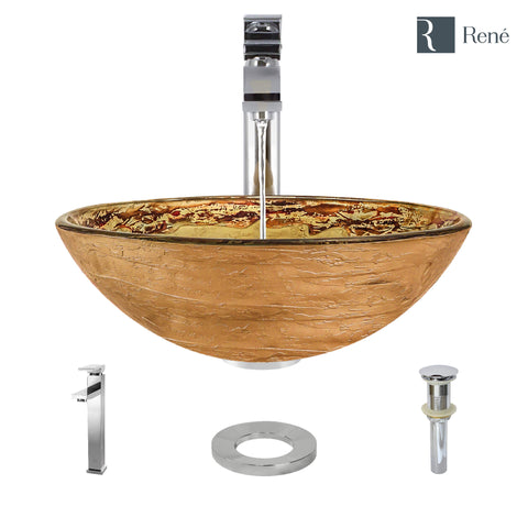Rene 17" Round Glass Bathroom Sink, Golden and auburn, with Faucet, R5-5029-R9-7003-C
