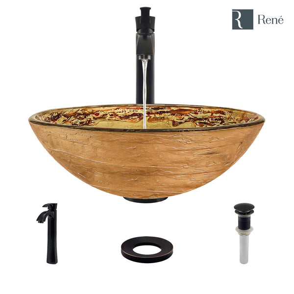 Rene 17" Round Glass Bathroom Sink, Golden and auburn, with Faucet, R5-5029-R9-7006-ABR