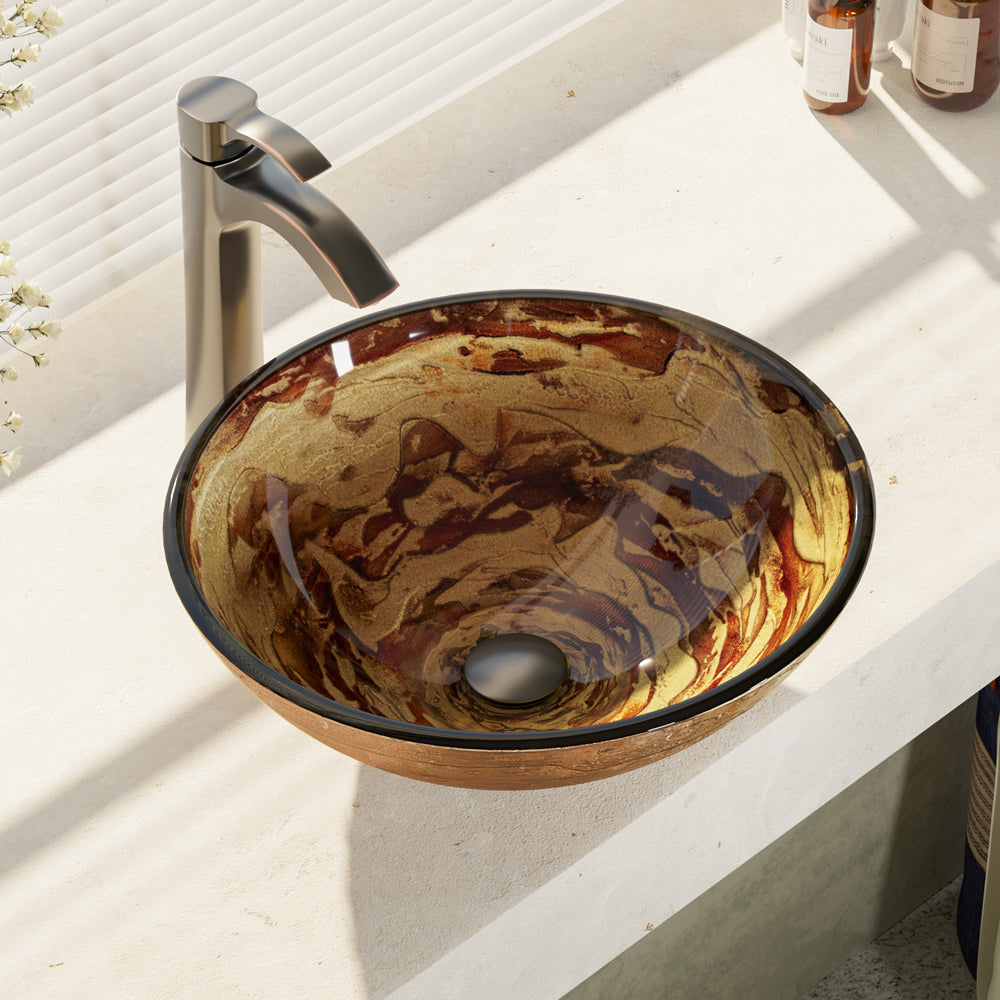 Rene 17" Round Glass Bathroom Sink, Golden and auburn, with Faucet, R5-5029-R9-7006-ABR - The Sink Boutique