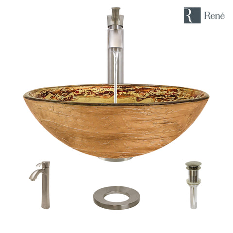 Rene 17" Round Glass Bathroom Sink, Golden and auburn, with Faucet, R5-5029-R9-7006-BN