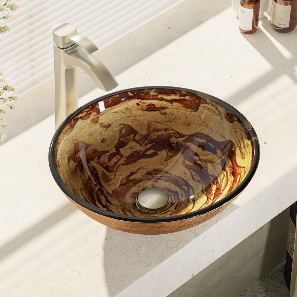Rene 17" Round Glass Bathroom Sink, Golden and auburn, with Faucet, R5-5029-R9-7006-BN - The Sink Boutique