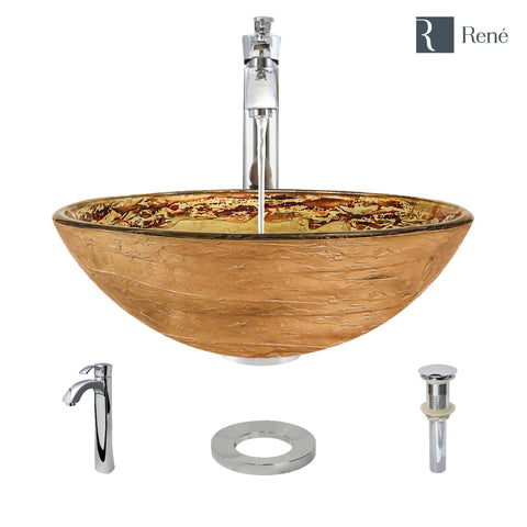 Rene 17" Round Glass Bathroom Sink, Golden and auburn, with Faucet, R5-5029-R9-7006-C