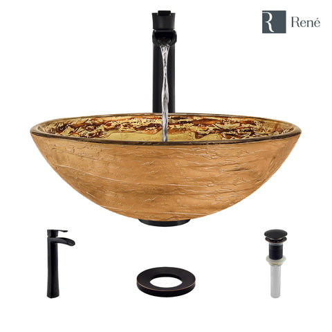 Rene 17" Round Glass Bathroom Sink, Golden and auburn, with Faucet, R5-5029-R9-7007-ABR