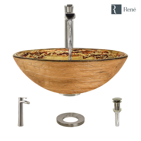 Rene 17" Round Glass Bathroom Sink, Golden and auburn, with Faucet, R5-5029-R9-7007-BN