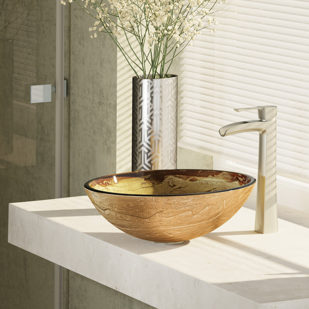 Alternate Image for Rene 17" Round Glass Bathroom Sink, Golden and auburn, with Faucet, R5-5029-R9-7007-BN