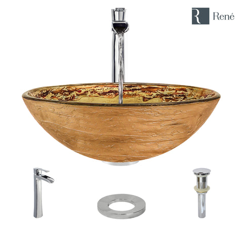 Rene 17" Round Glass Bathroom Sink, Golden and auburn, with Faucet, R5-5029-R9-7007-C