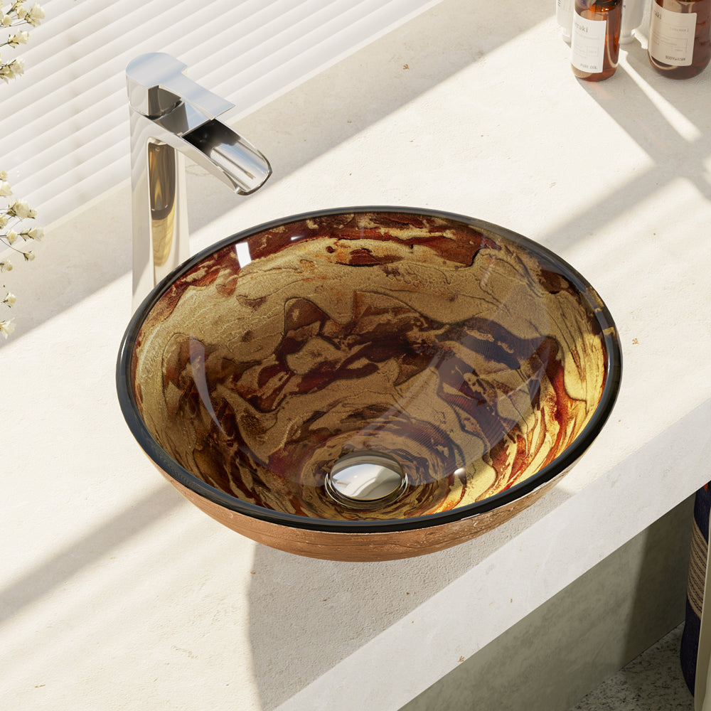 Rene 17" Round Glass Bathroom Sink, Golden and auburn, with Faucet, R5-5029-R9-7007-C - The Sink Boutique