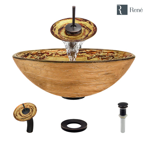 Rene 17" Round Glass Bathroom Sink, Golden and auburn, with Faucet, R5-5029-WF-ABR