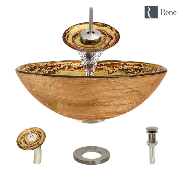 Rene 17" Round Glass Bathroom Sink, Golden and auburn, with Faucet, R5-5029-WF-BN