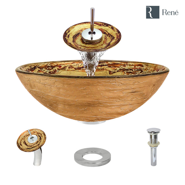 Rene 17" Round Glass Bathroom Sink, Golden and auburn, with Faucet, R5-5029-WF-C
