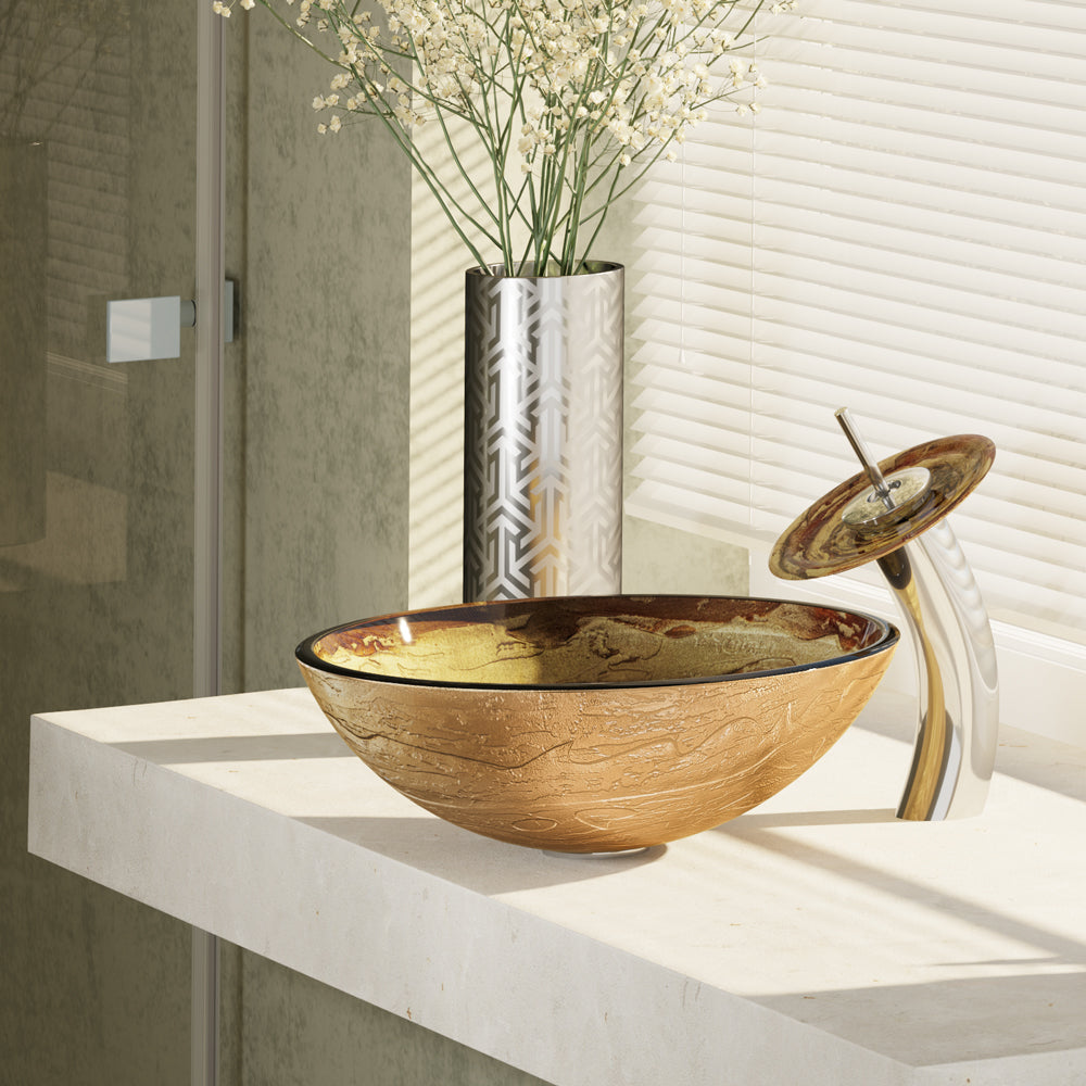 Rene 17" Round Glass Bathroom Sink, Golden and auburn, with Faucet, R5-5029-WF-C - The Sink Boutique