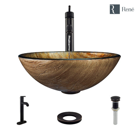 Rene 17" Round Glass Bathroom Sink, Bronze, with Faucet, R5-5030-R9-7001-ABR