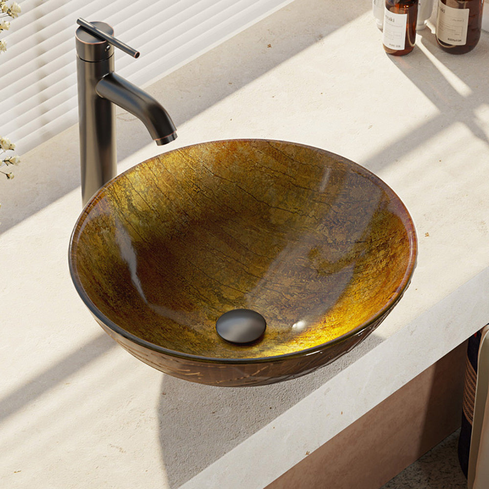Rene 17" Round Glass Bathroom Sink, Bronze, with Faucet, R5-5030-R9-7001-ABR - The Sink Boutique