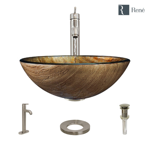 Rene 17" Round Glass Bathroom Sink, Bronze, with Faucet, R5-5030-R9-7001-BN