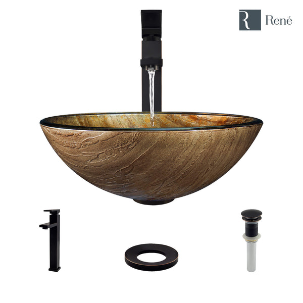 Rene 17" Round Glass Bathroom Sink, Bronze, with Faucet, R5-5030-R9-7003-ABR