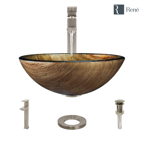 Rene 17" Round Glass Bathroom Sink, Bronze, with Faucet, R5-5030-R9-7003-BN