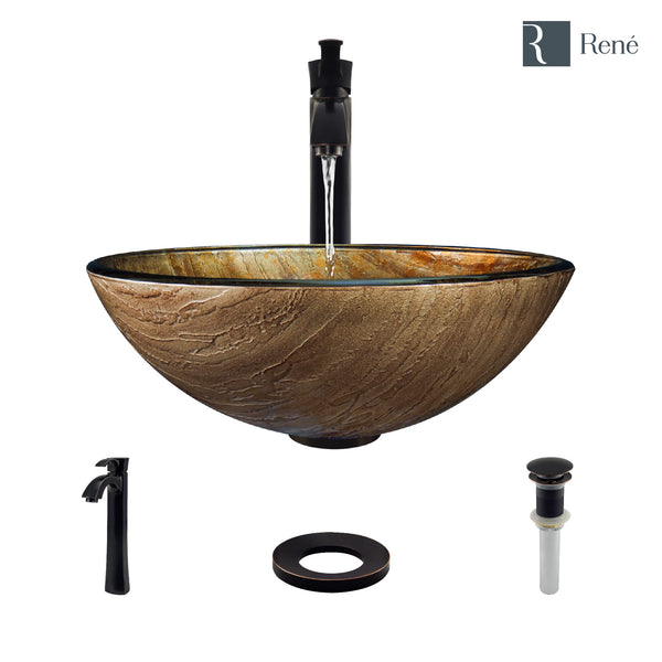 Rene 17" Round Glass Bathroom Sink, Bronze, with Faucet, R5-5030-R9-7006-ABR