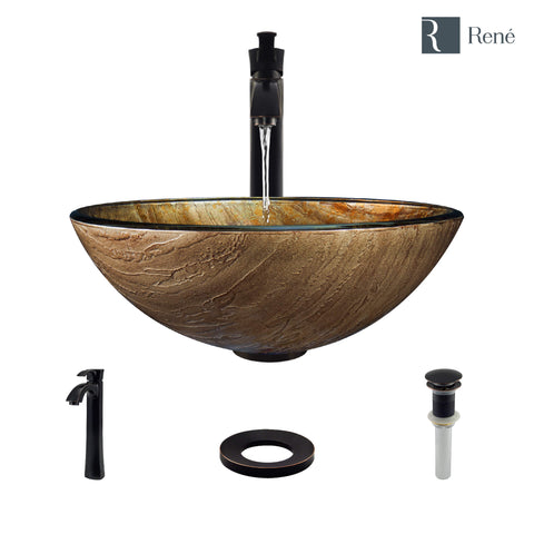 Rene 17" Round Glass Bathroom Sink, Bronze, with Faucet, R5-5030-R9-7006-ABR