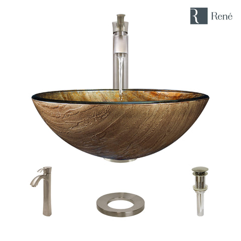 Rene 17" Round Glass Bathroom Sink, Bronze, with Faucet, R5-5030-R9-7006-BN
