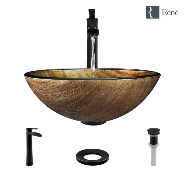 Rene 17" Round Glass Bathroom Sink, Bronze, with Faucet, R5-5030-R9-7007-ABR